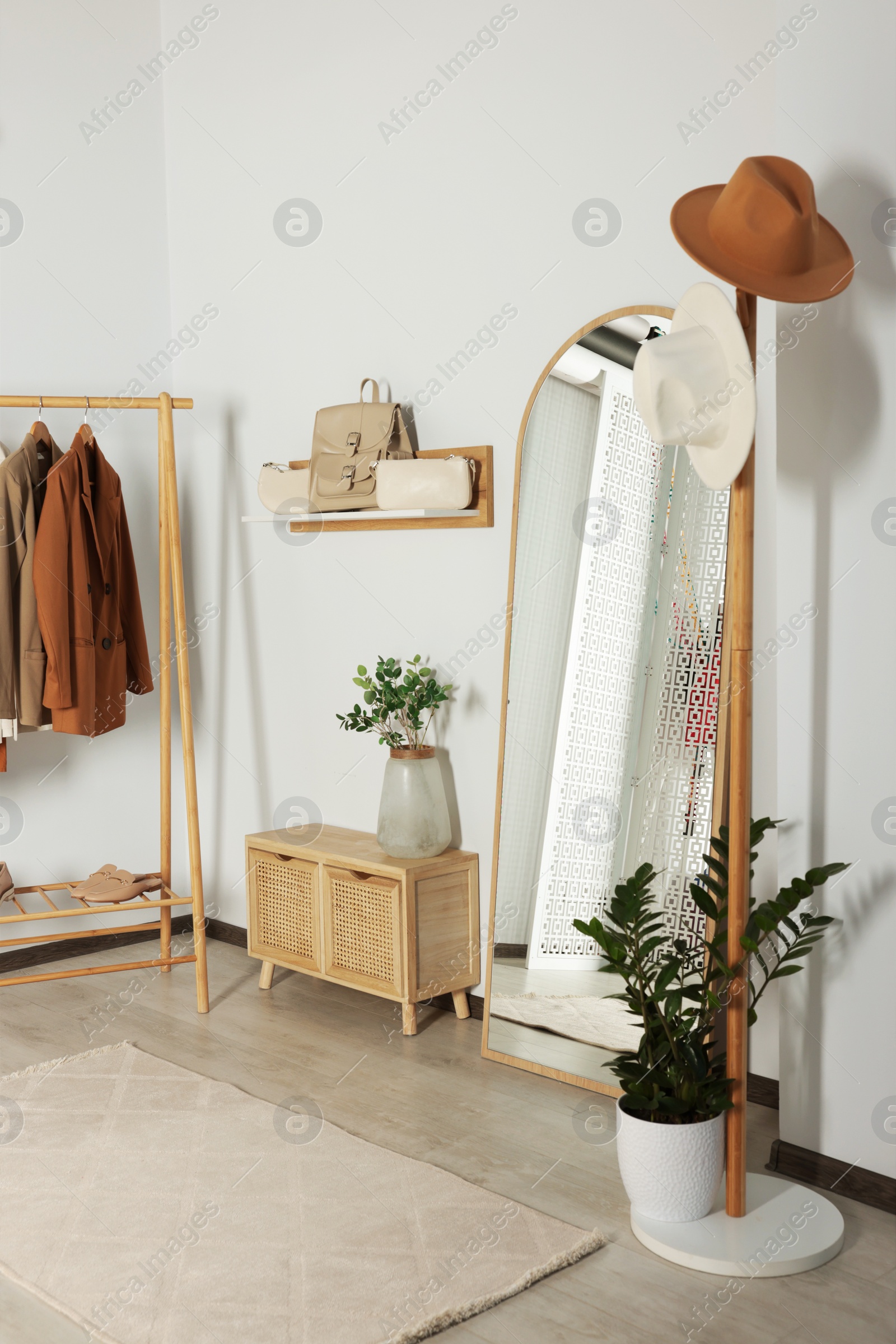 Photo of Modern hallway room interior with large mirror and clothing rack