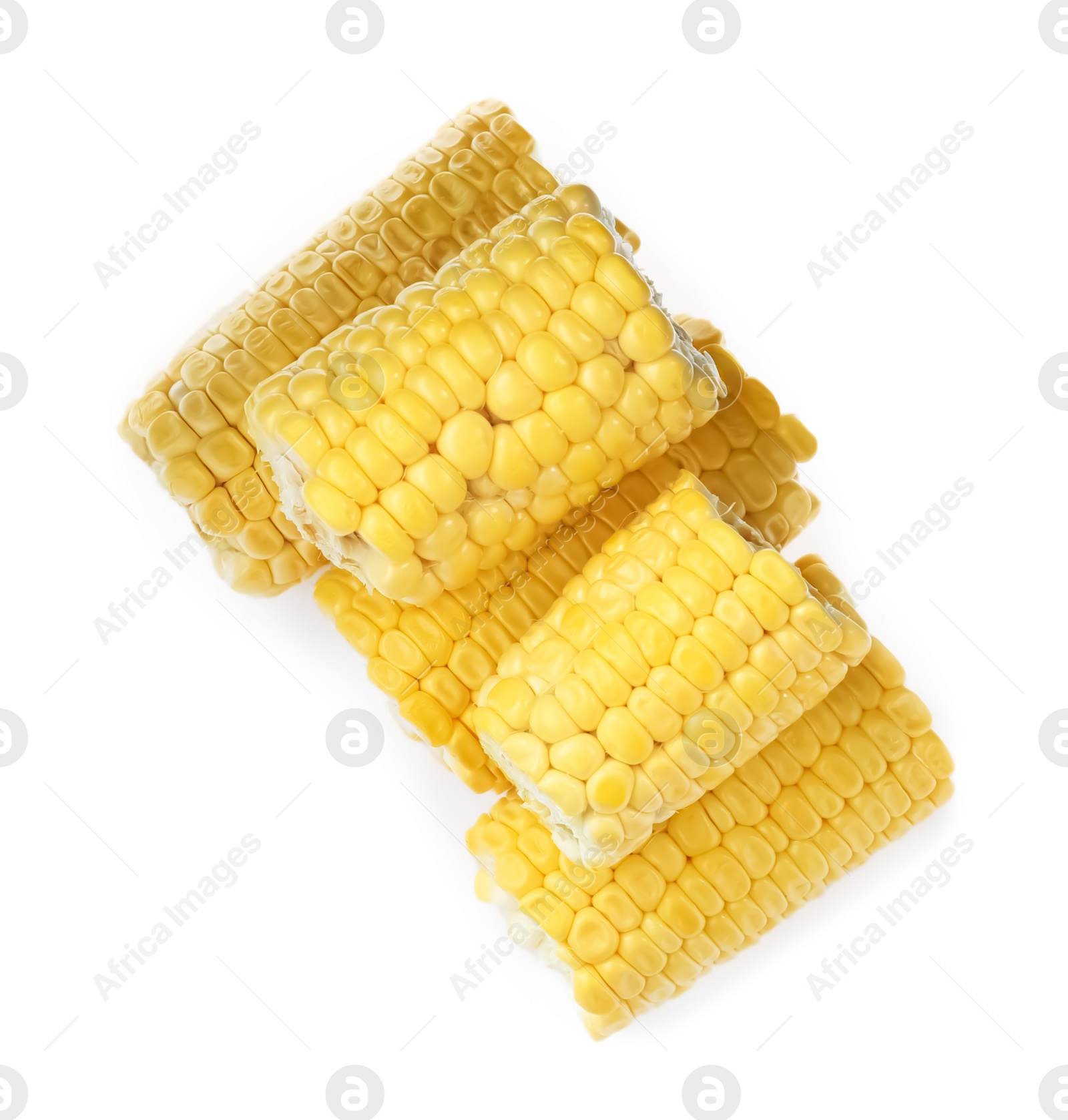 Photo of Pieces of corncobs on white background, top view