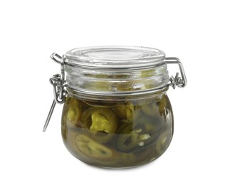 Pickled green jalapeno peppers in glass jar isolated on white