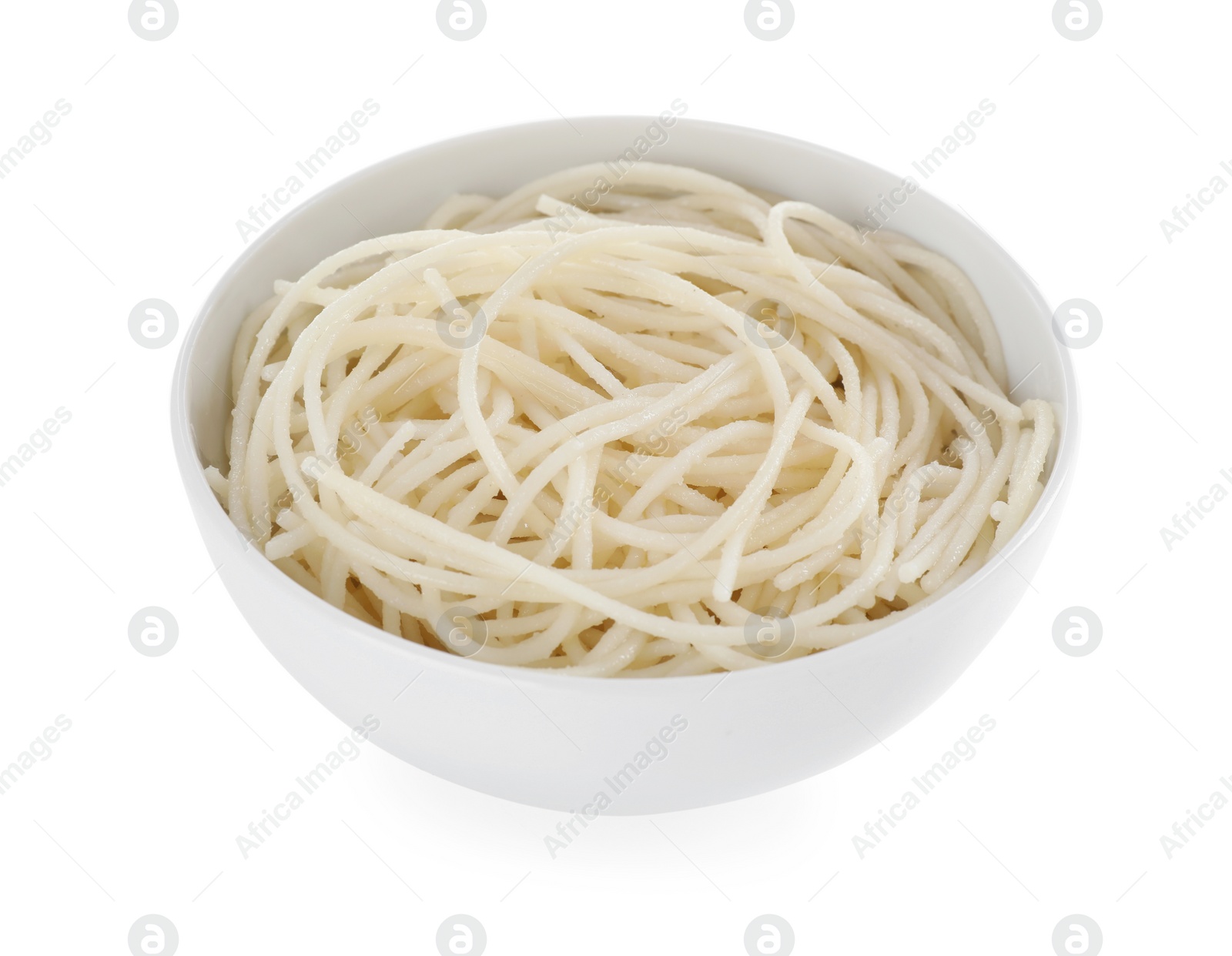 Photo of Bowl of tasty cooked rice noodles isolated on white