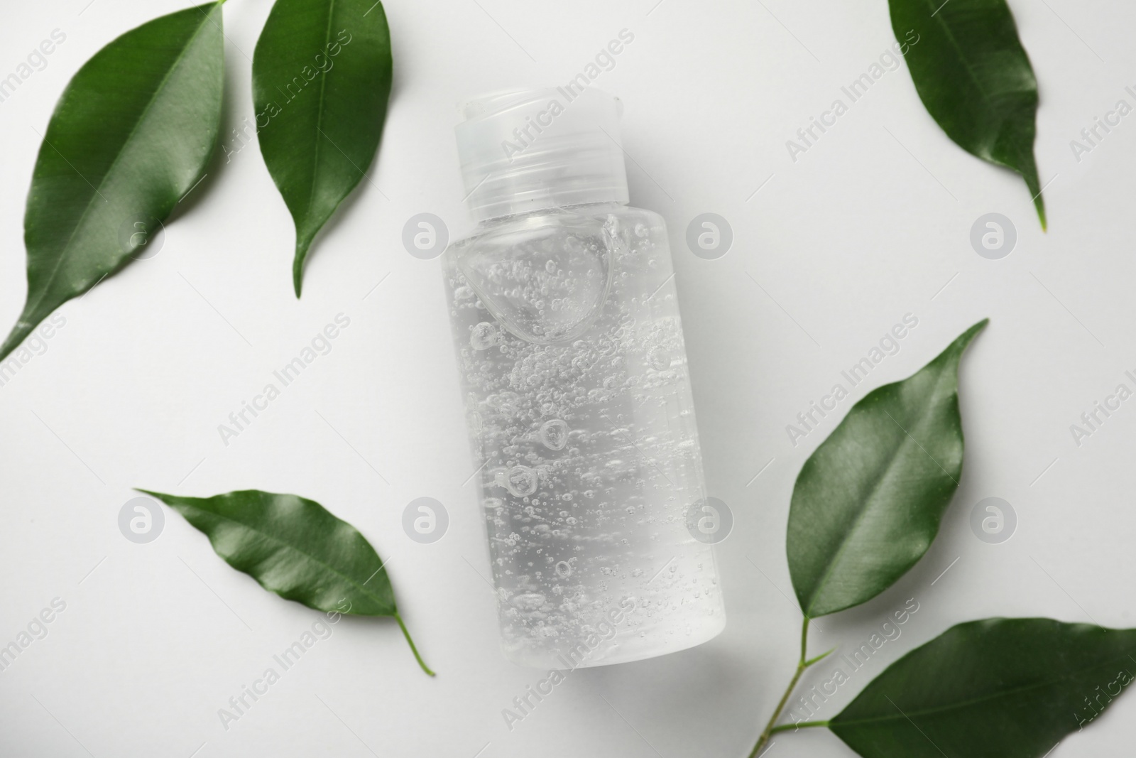 Photo of Bottle of cosmetic gel and green leaves on white background, flat lay