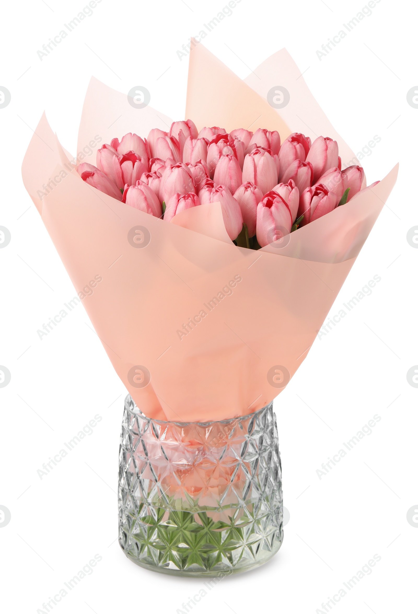 Photo of Bouquet of beautiful pink tulips in vase isolated on white