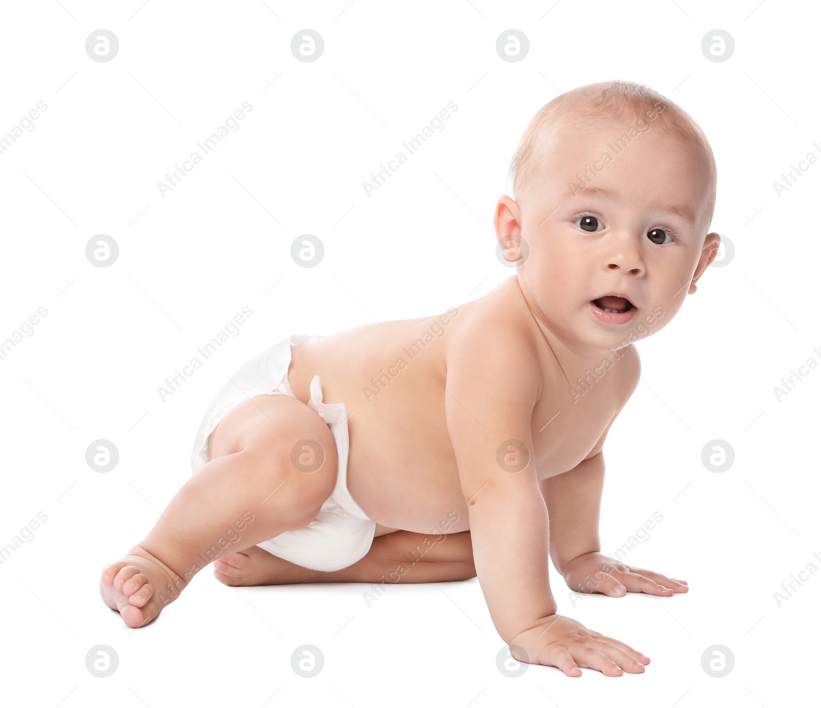 Photo of Cute little baby crawling on white background