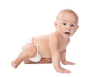 Cute little baby crawling on white background