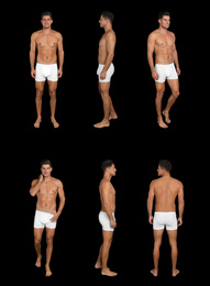 Image of Collage of man in underwear on black background