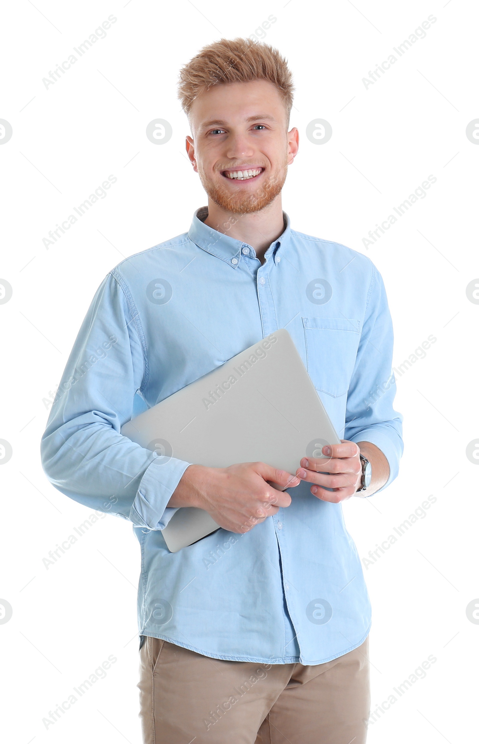 Photo of Young man with laptop on white background