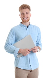 Photo of Young man with laptop on white background