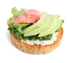 Tasty rusk with salmon, cream cheese and avocado isolated on white