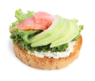 Photo of Tasty rusk with salmon, cream cheese and avocado isolated on white