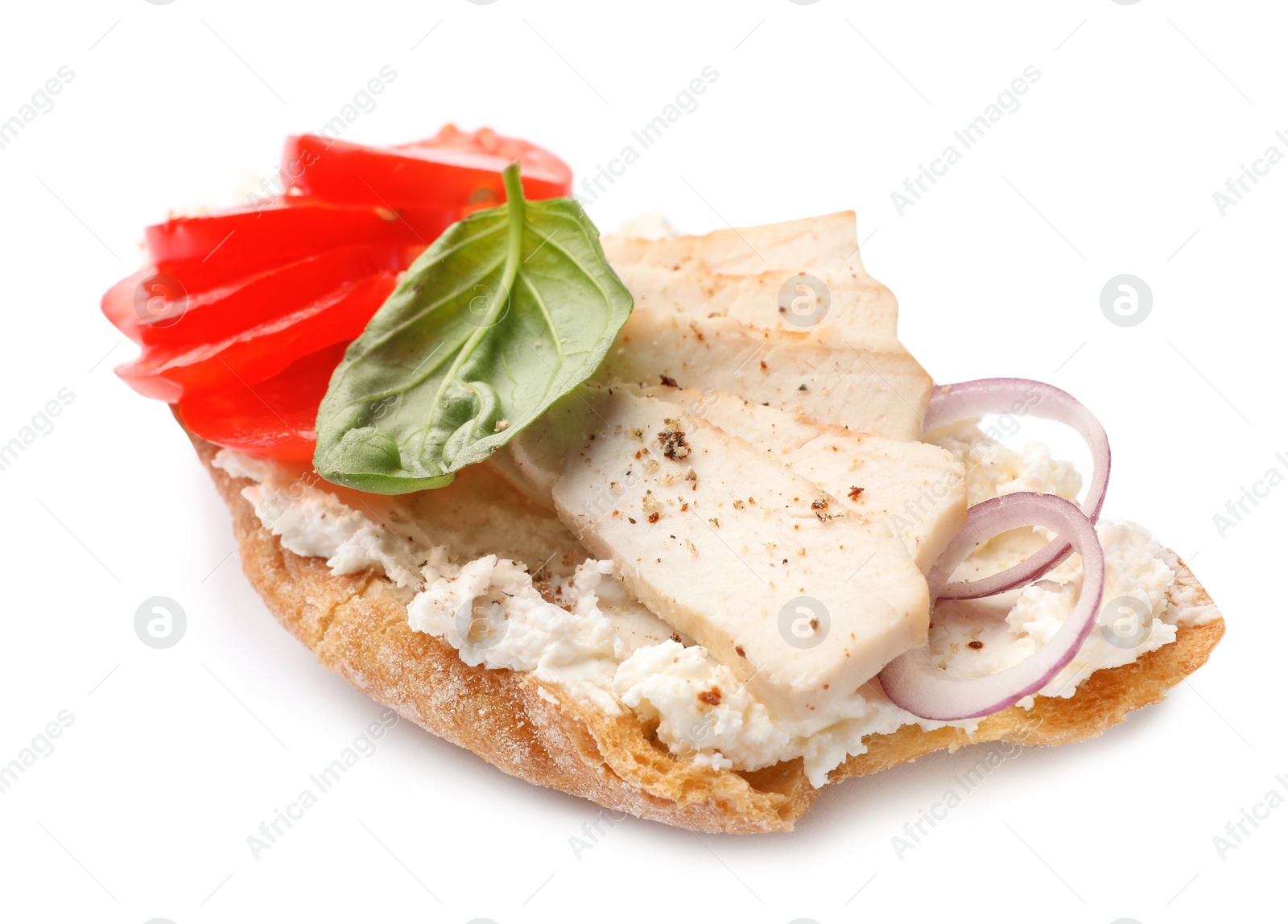 Photo of Delicious chicken bruschetta on white background. Traditional Italian antipasto