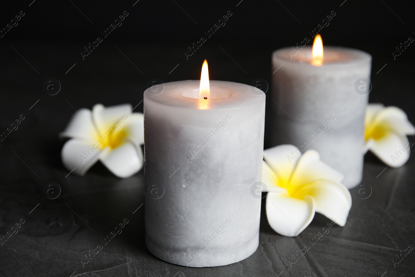 Photo of Burning candles and plumeria flowers on dark grey table