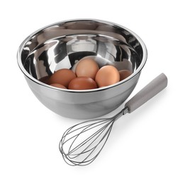 Photo of Metal whisk and raw eggs in bowl isolated on white