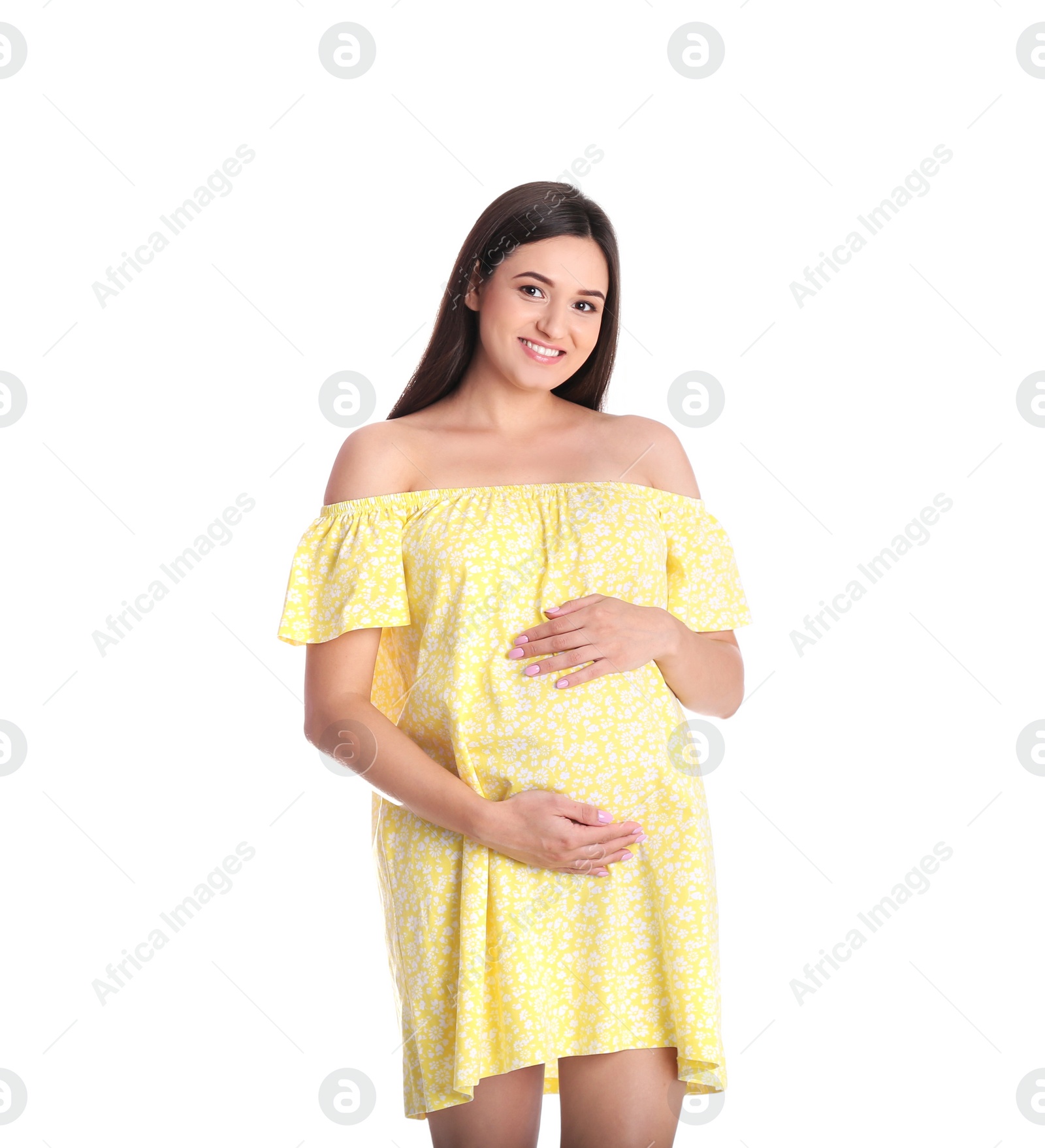 Photo of Beautiful pregnant young woman on white background