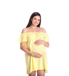 Beautiful pregnant young woman on white background