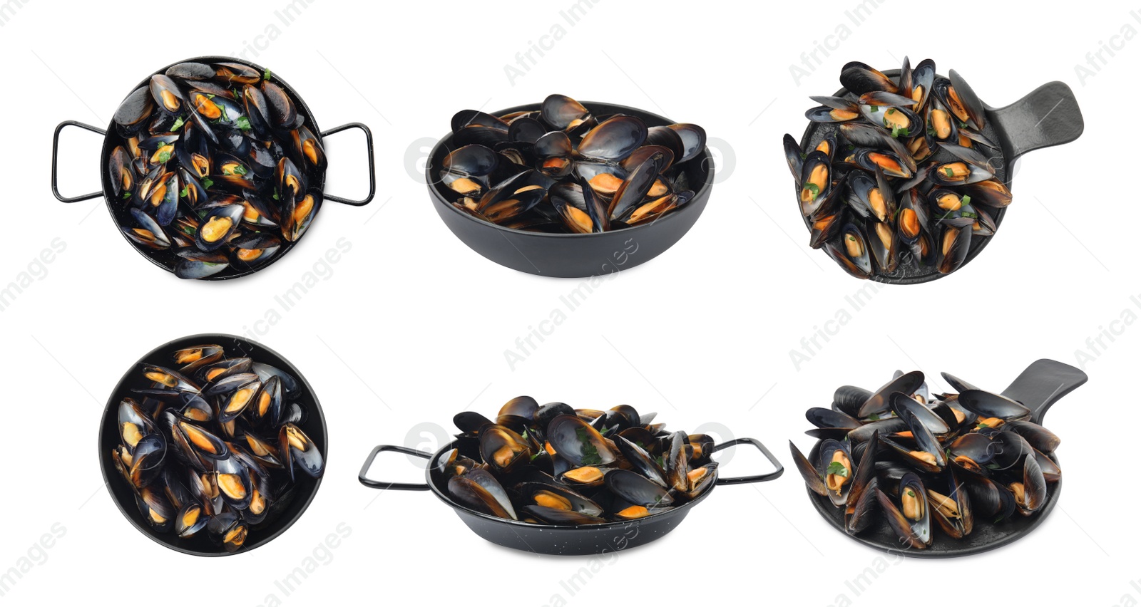 Image of Set with tasty cooked mussels on white background. Banner design