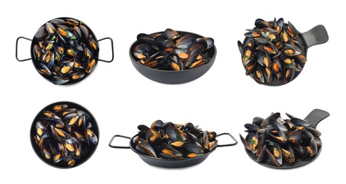Image of Set with tasty cooked mussels on white background. Banner design
