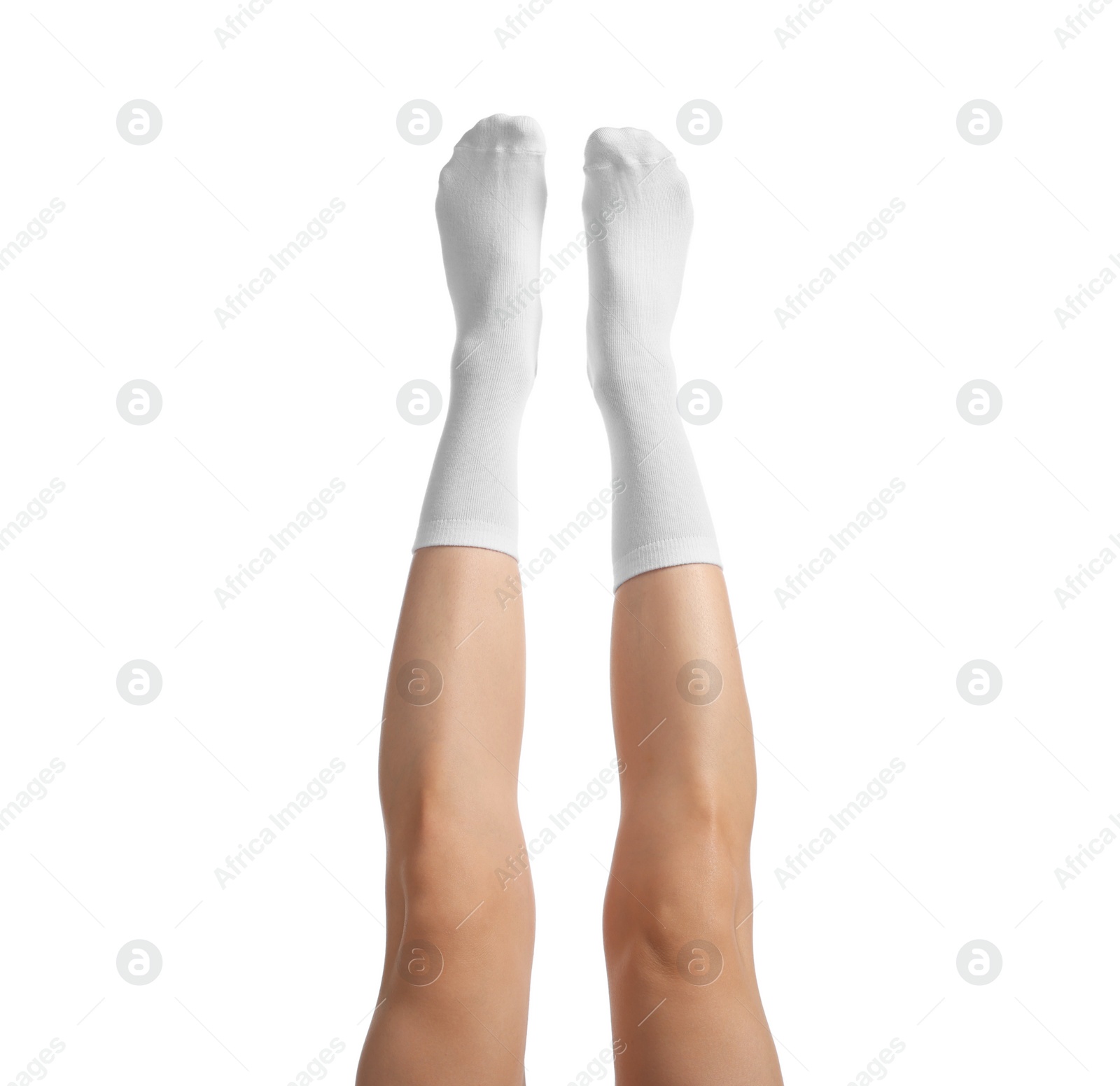 Photo of Woman in stylish socks on white background, closeup