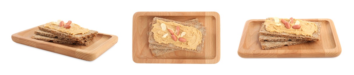 Fresh rye crispbreads with peanut butter on white background. Collage