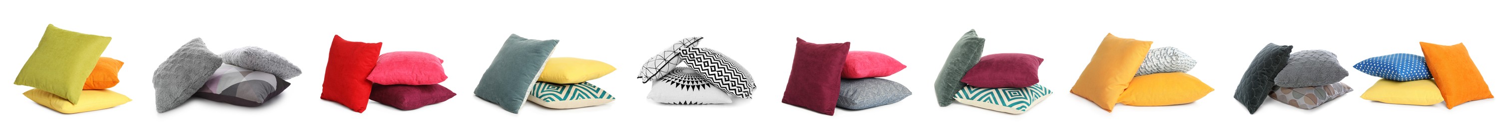Image of Set with different stylish decorative pillows on white background. Banner design