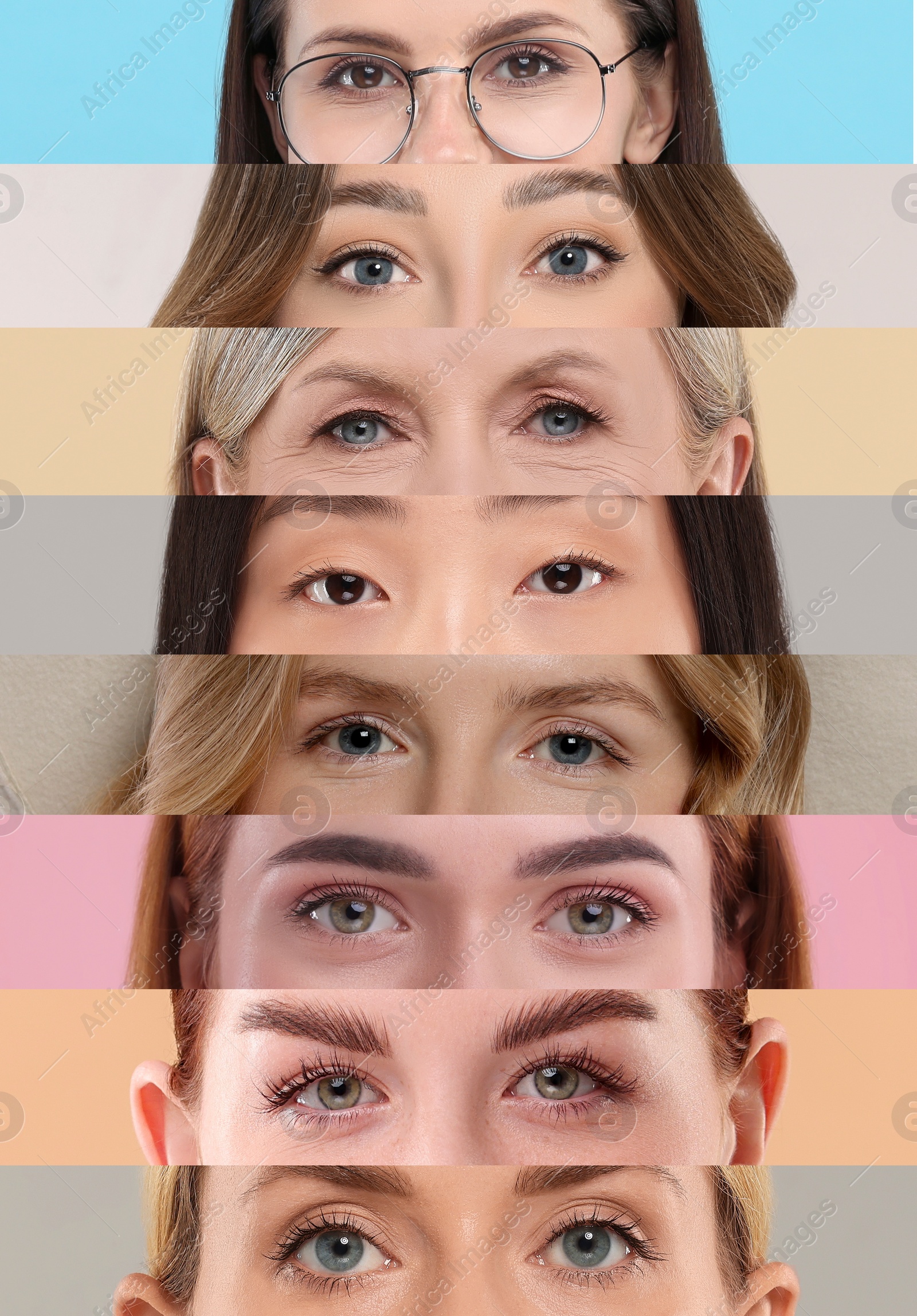 Image of Different women with beautiful eyes. Vertical collage of closeup photos