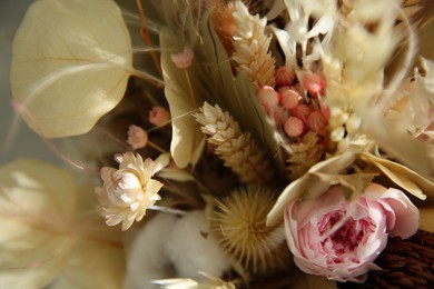Photo of Beautiful elegant dried flower bouquet, closeup view