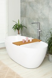 Stylish bathroom interior with beautiful tub and houseplants