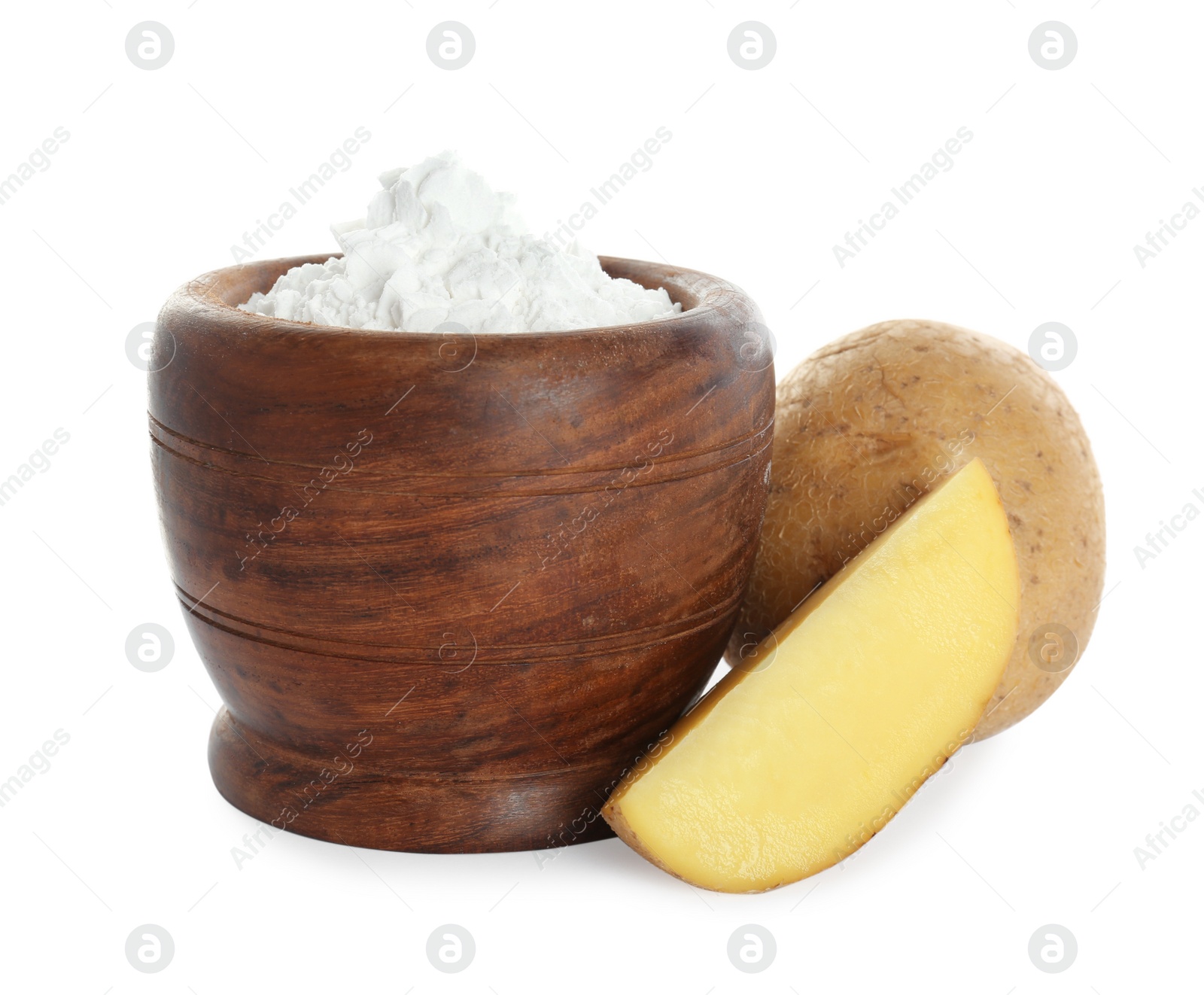 Photo of Wooden bowl with starch and fresh potatoes on white background