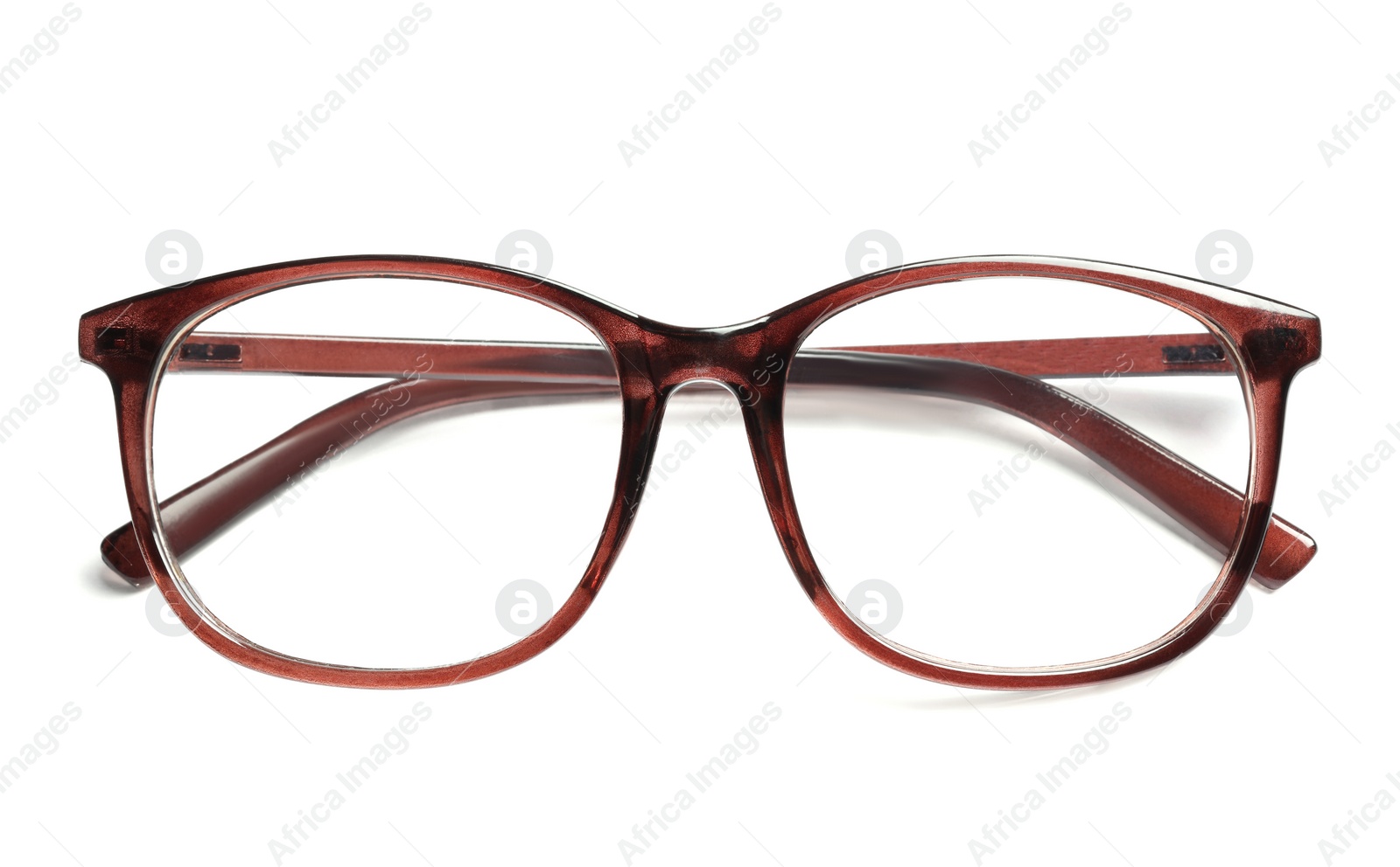 Photo of Stylish glasses with brown frame isolated on white