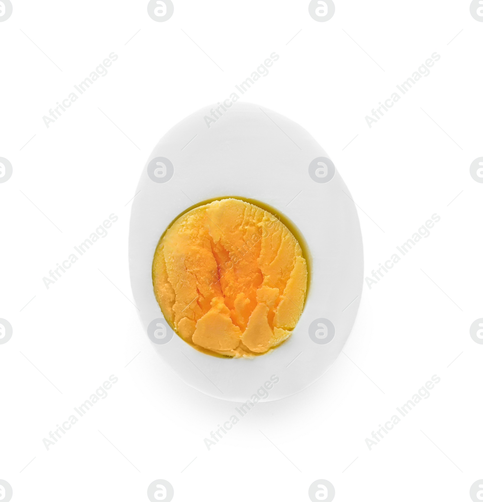 Photo of Half of fresh hard boiled egg isolated on white, top view