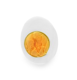 Photo of Half of fresh hard boiled egg isolated on white, top view