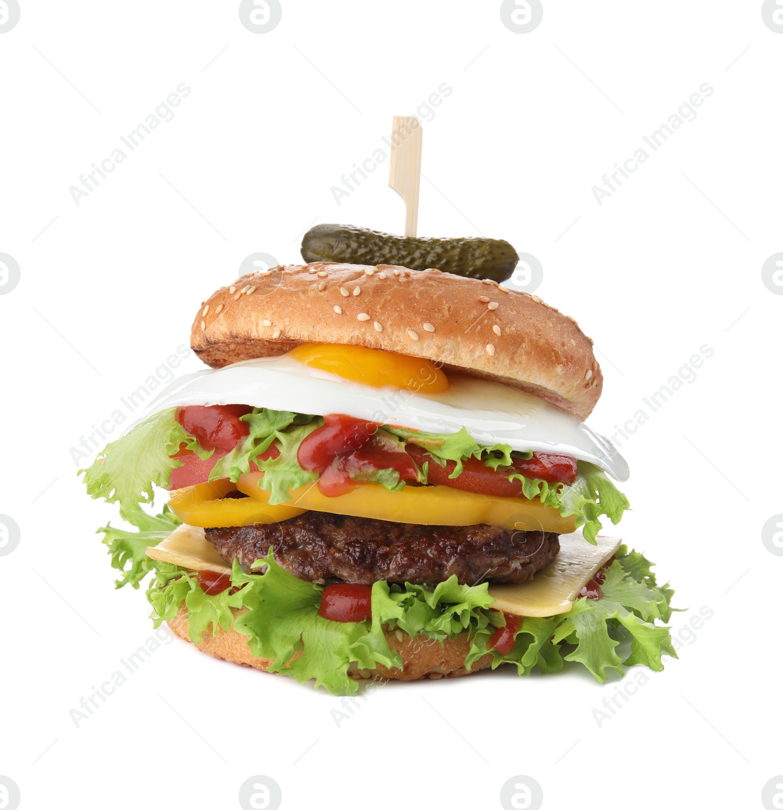 Photo of Tasty burger with fried egg on white background