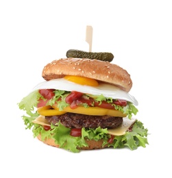 Photo of Tasty burger with fried egg on white background