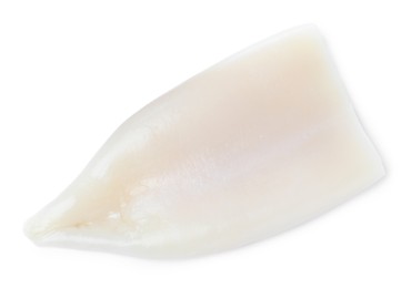 Photo of Fresh raw squid tube isolated on white, top view