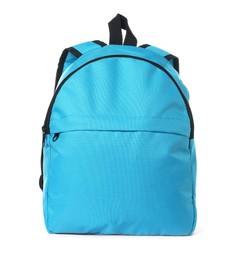 Photo of Stylish light blue backpack isolated on white