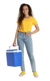 Photo of Happy young African American woman with cool box on white background
