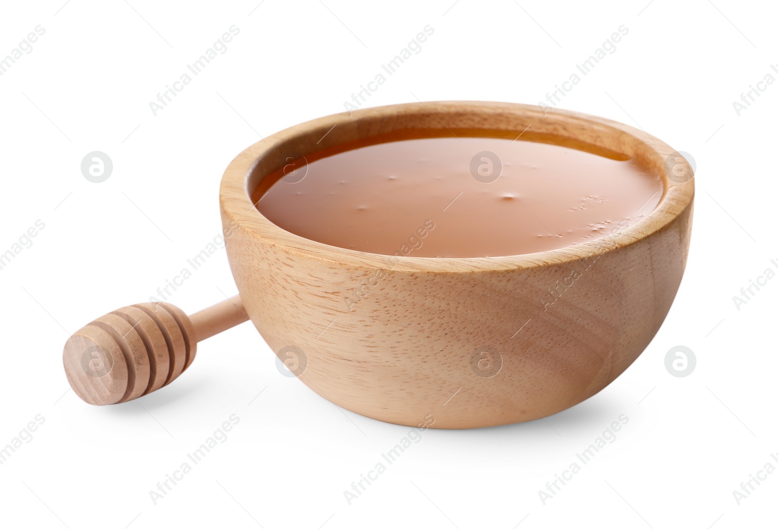 Photo of Tasty honey in bowl and dipper isolated on white