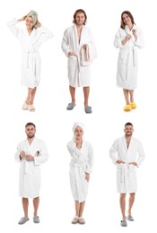 Image of People wearing bathrobes on white background, collage 