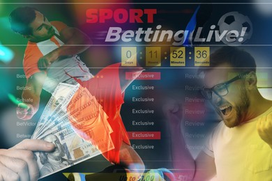 Sports betting. Multiple exposure with football player, money, website page and emotional man