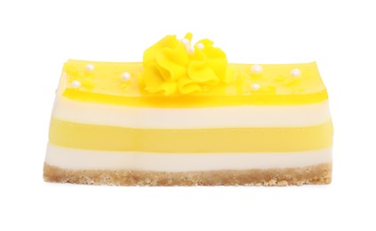 Photo of Piece of delicious cheesecake with lemon isolated on white