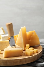 Photo of Different types of delicious cheese in wooden plate against light background