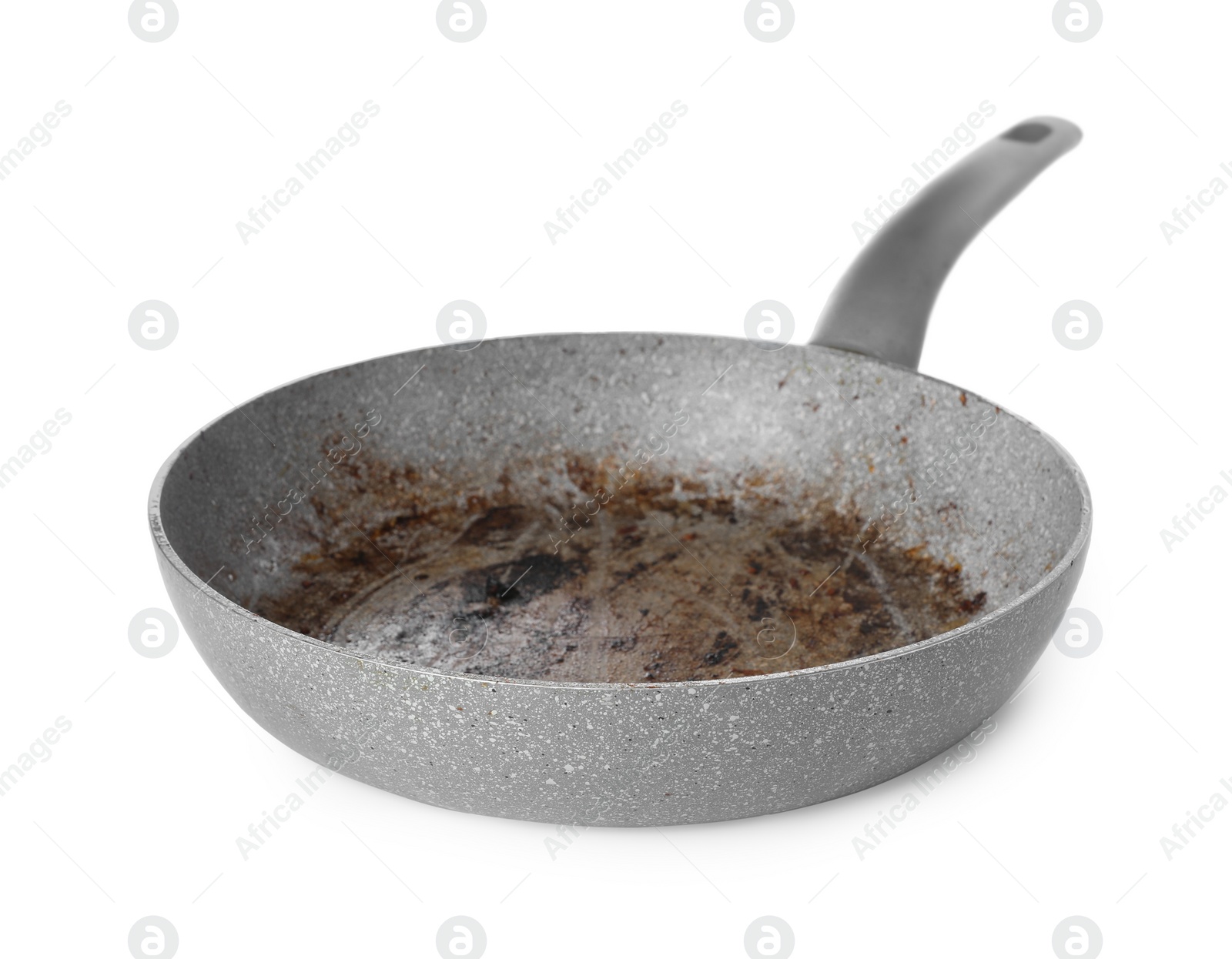 Photo of Dirty granite coating frying pan isolated on white