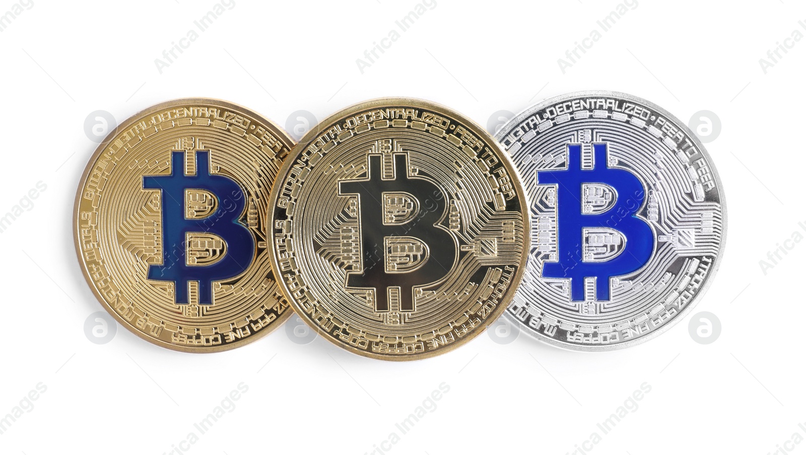 Photo of Row of bitcoins isolated on white, top view. Digital currency