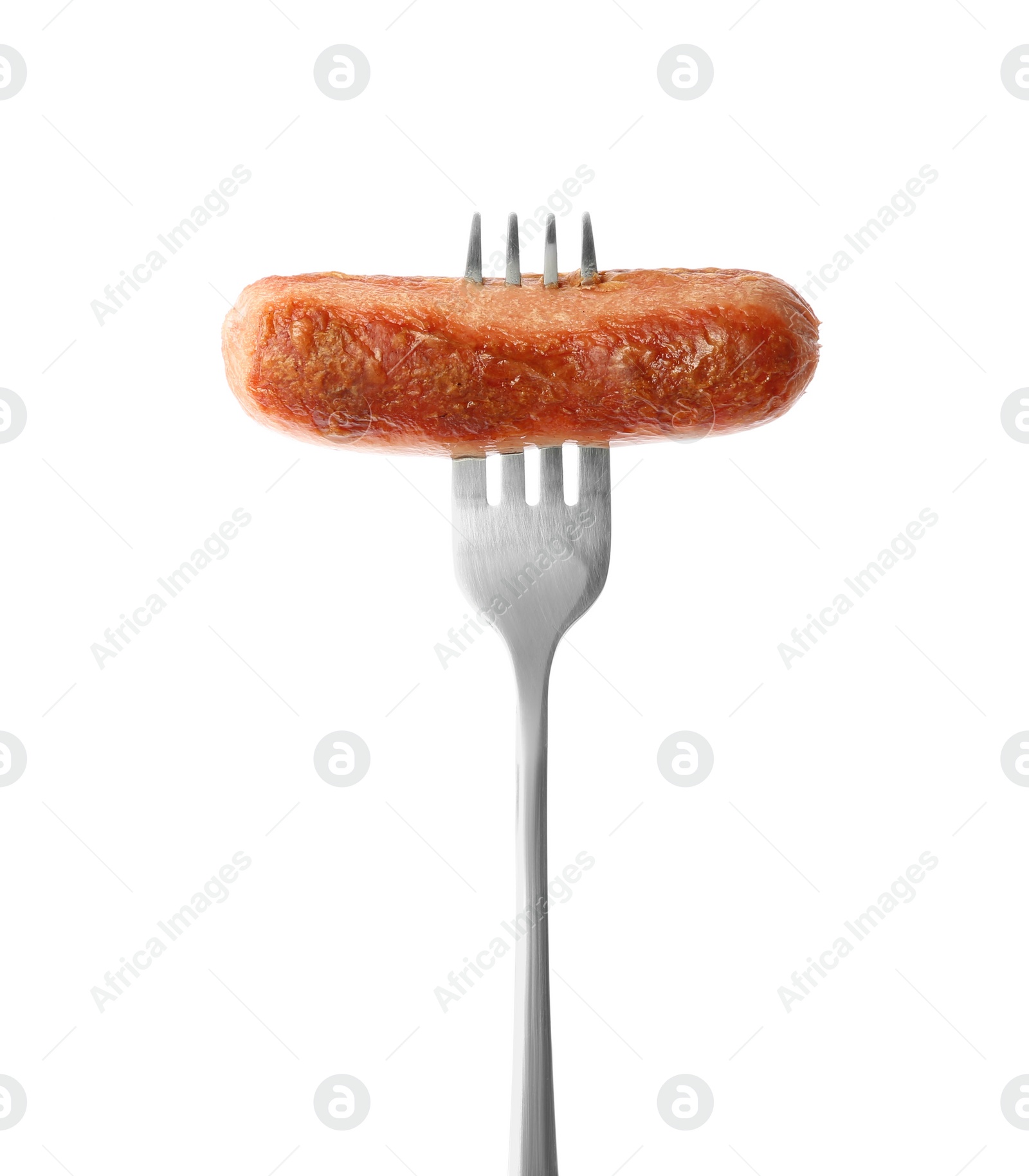 Photo of Fork with tasty fried sausage isolated on white