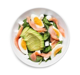 Photo of Delicious salad with boiled egg, salmon and avocado in bowl isolated on white, top view