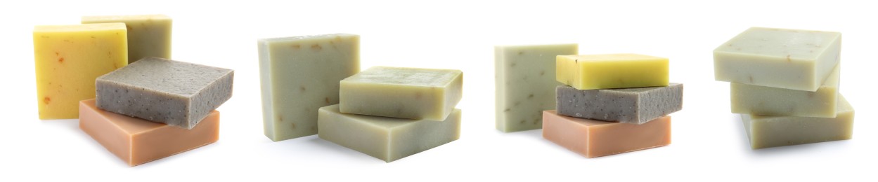 Image of Set with handmade soap bars on white background. Banner design