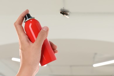 Image of Woman spraying insect aerosol on fly in room, closeup