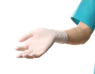 Doctor wearing medical glove on white background, closeup