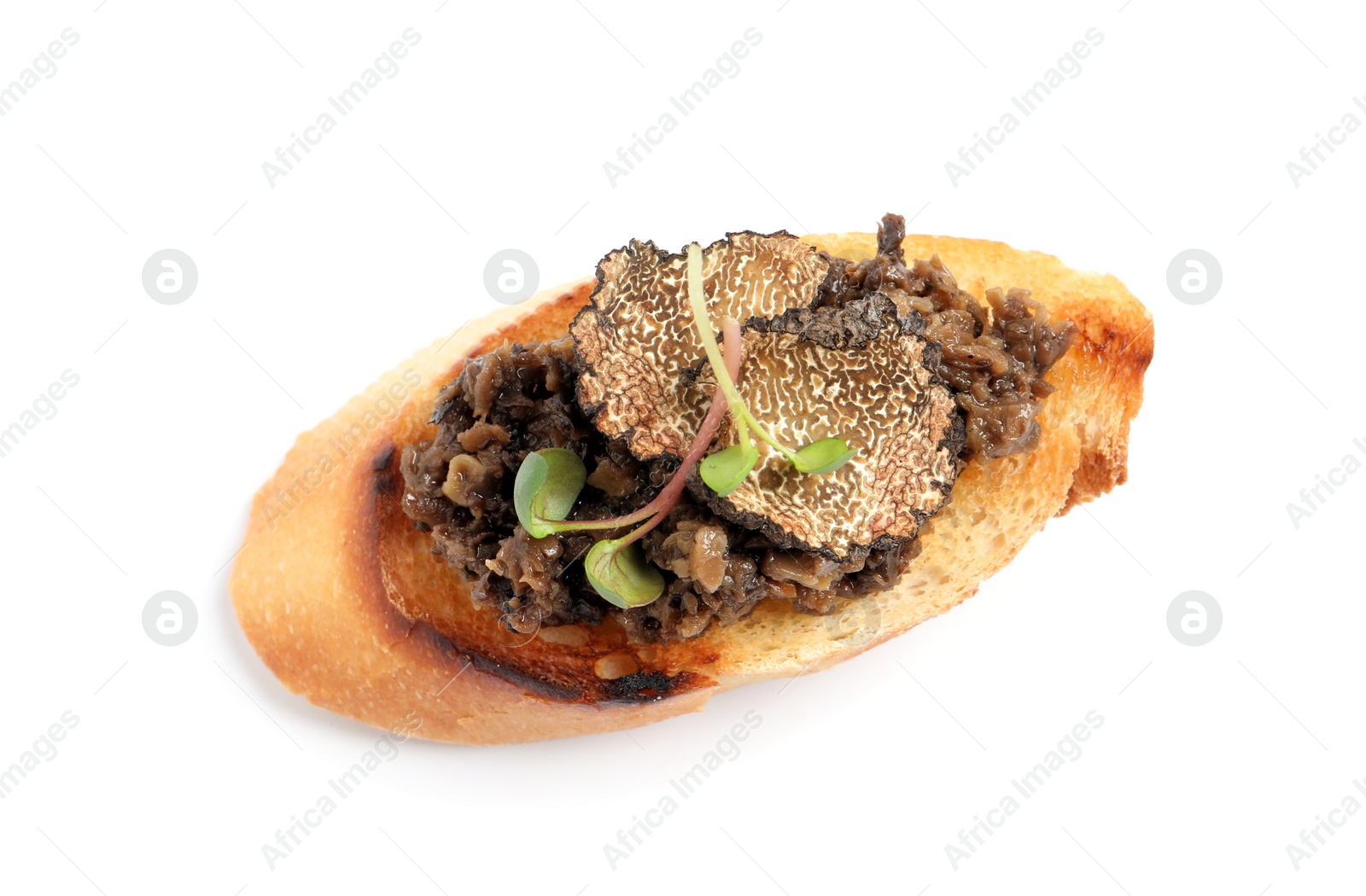 Photo of Tasty bruschetta with truffle paste isolated on white, top view