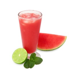 Photo of Glass of delicious watermelon drink with ice cubes, mint and cut fresh fruits isolated on white