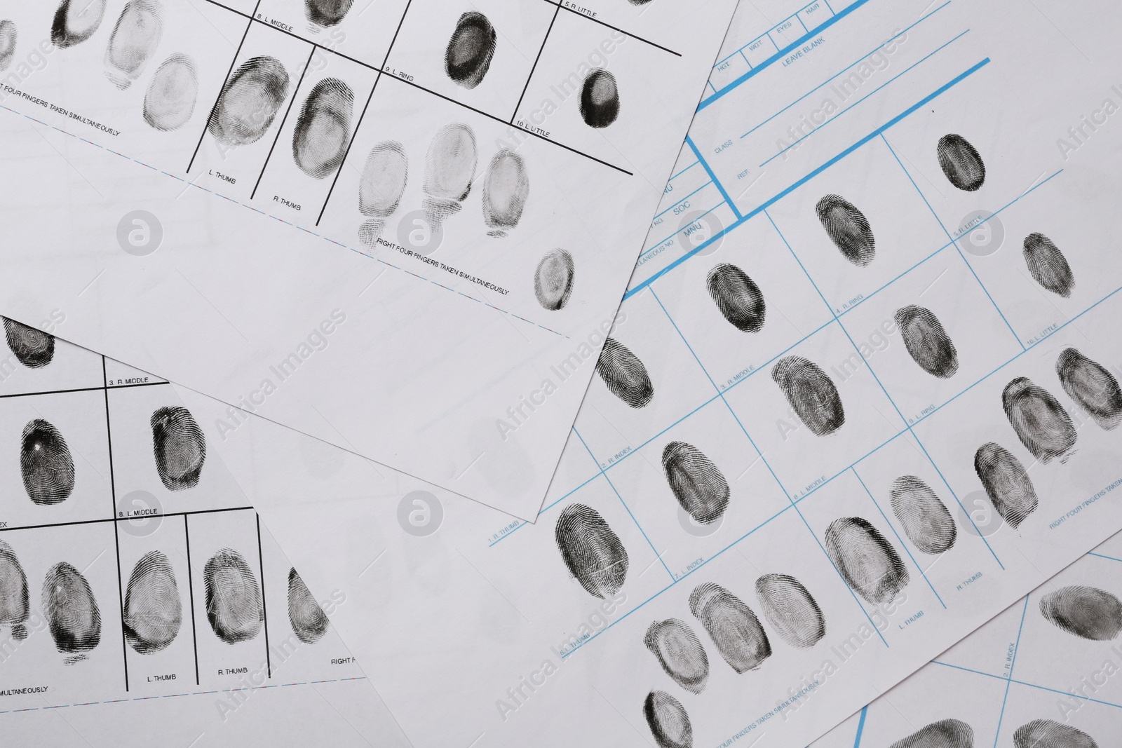 Photo of Fingerprint record sheets, top view. Criminal investigation